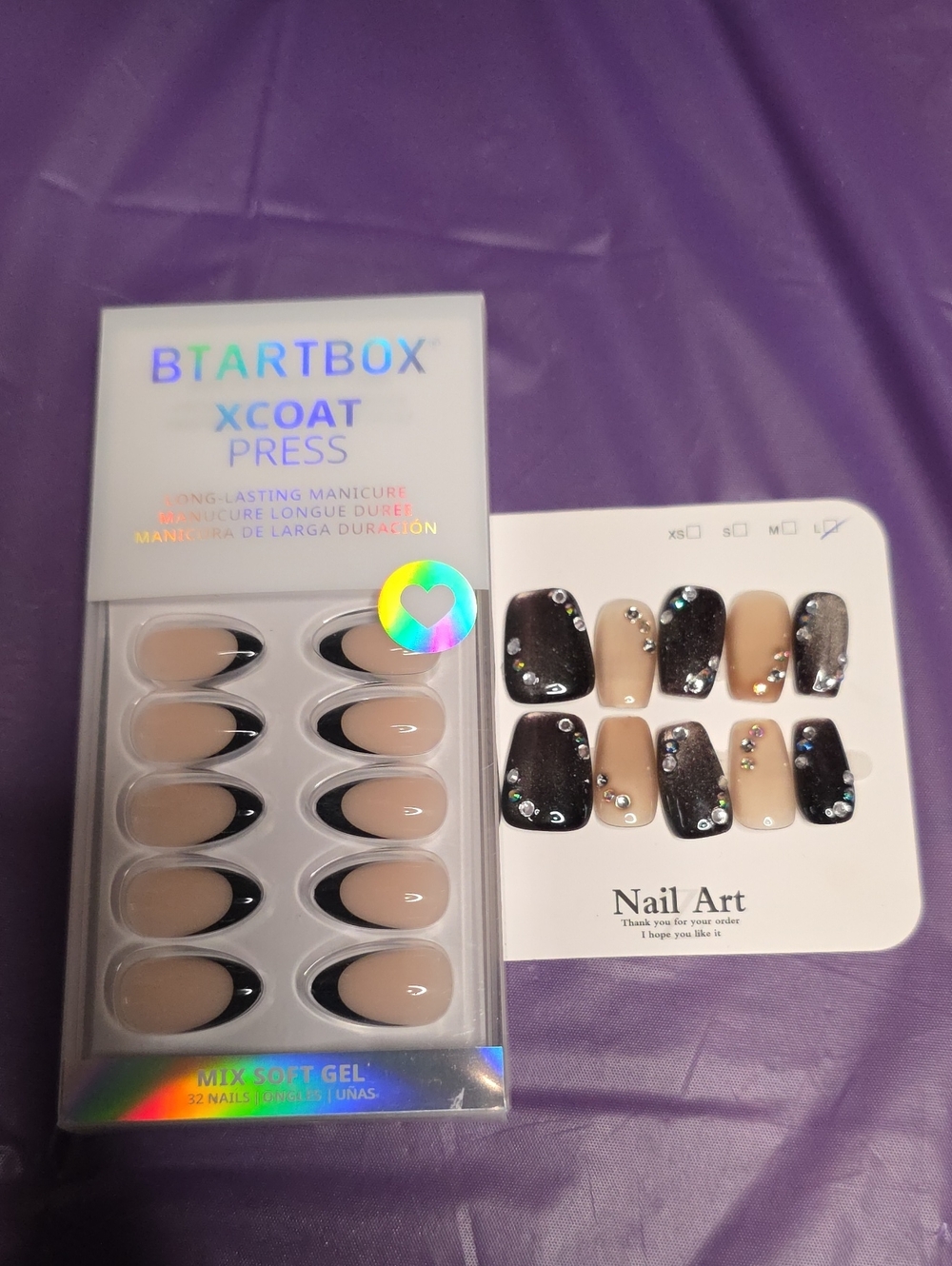 BTARTBOX XCOAT Press-On Nails Set — Nude & Black Rhinestone Accents